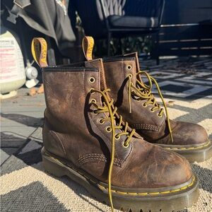 Dr. Martens Distressed Brown Leather Boots with Yellow Accents